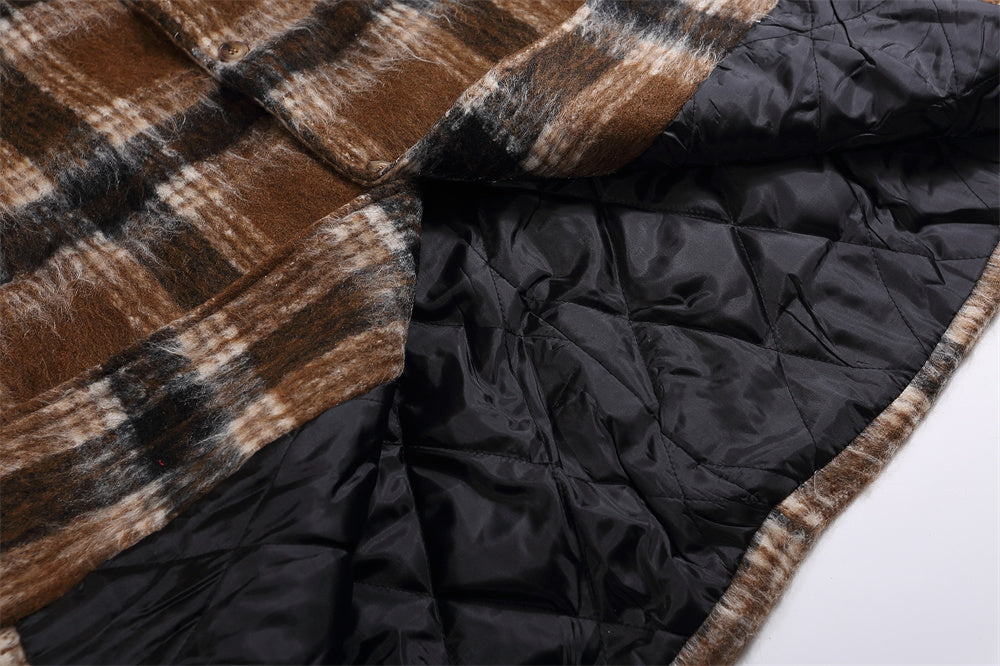 Plaid Woolen Men's Winter Cotton Padded Lapel Loose Mid-length Overknee Coat