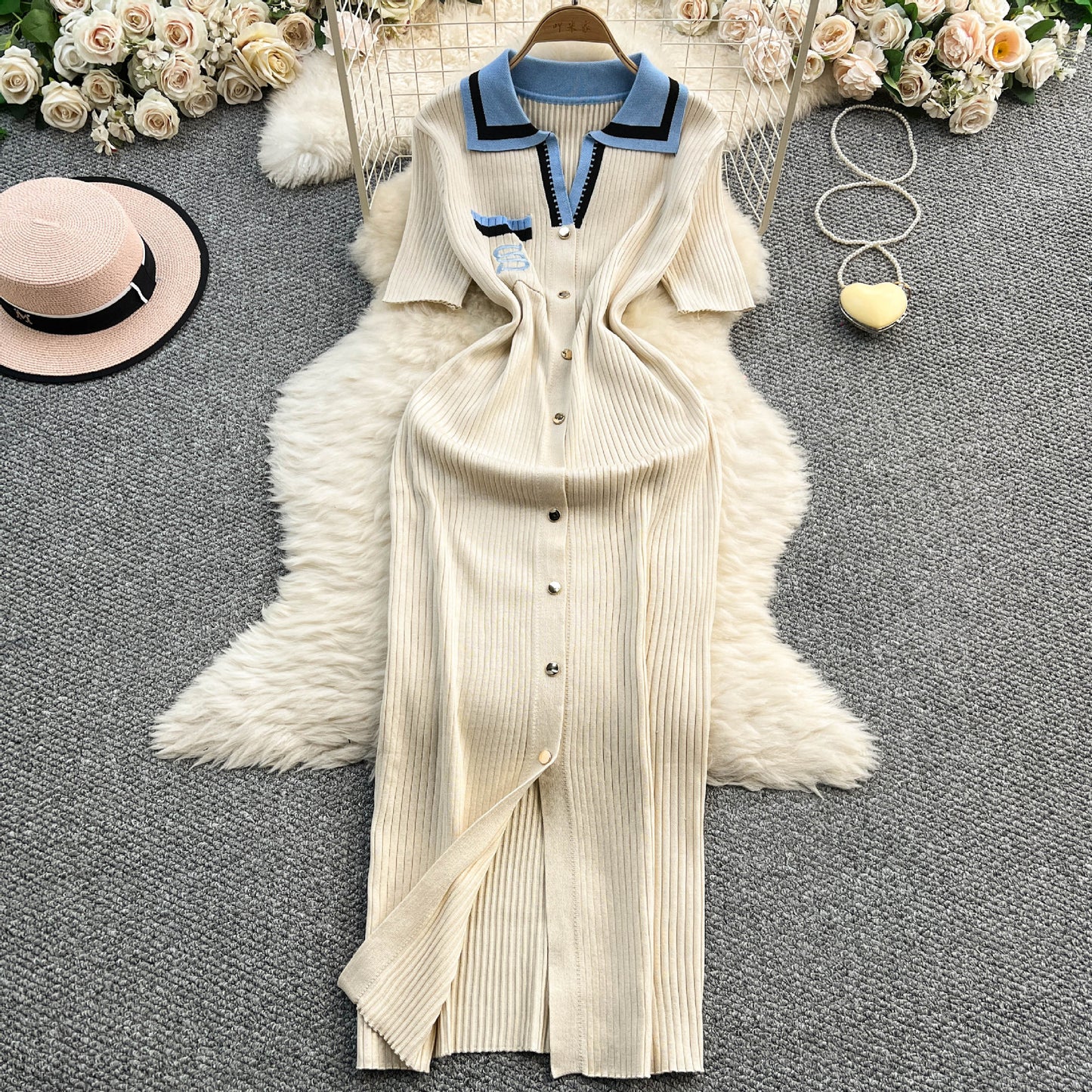 Womens Embroidered Defined-Waist Knitted Dress