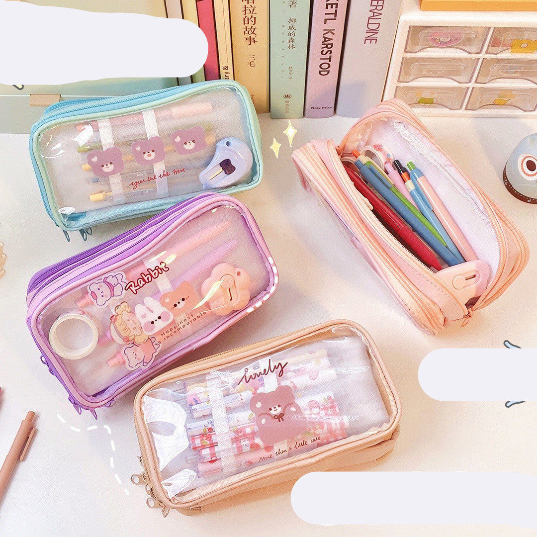 Cute Transparent Pencil Case Student Cartoon Stationery Bag