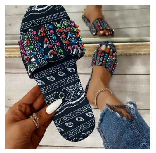 European And American New Style Printed Toe Flat Rivet Casual Sandals And Slippers