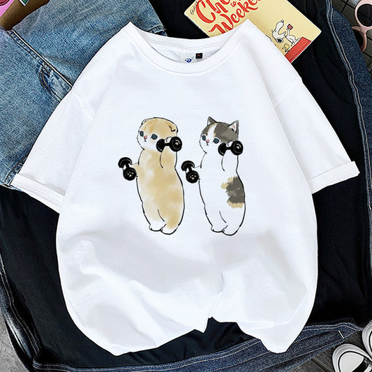 Dame T-shirt med Katteprint og Korte Ærmer