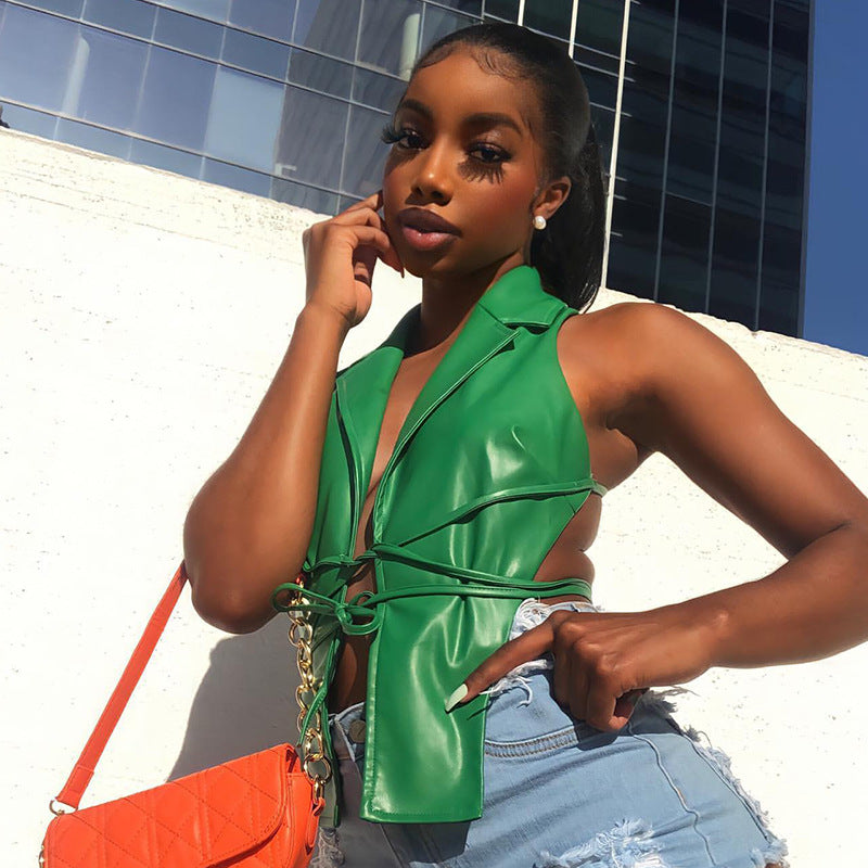 Halter Leather Lace-up Vest With Polo Neck