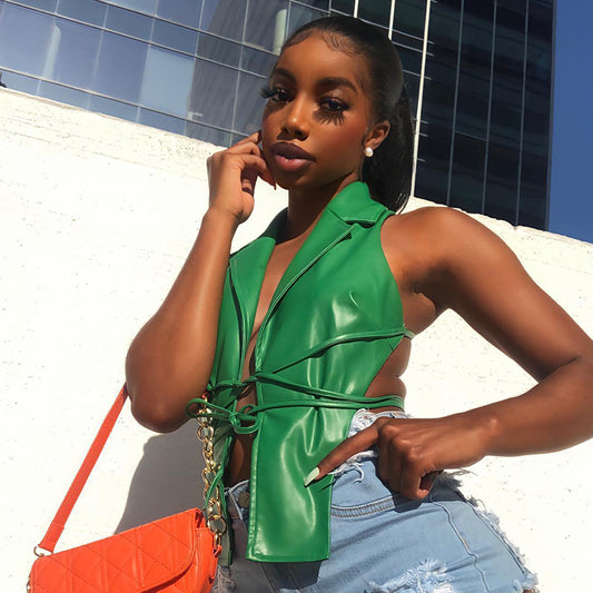 Halter Leather Lace-up Vest With Polo Neck