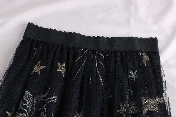 High Waist Mesh Embroidered Skirt