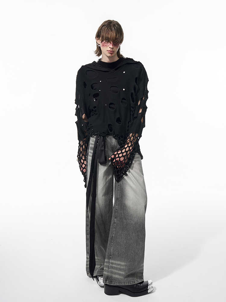 Hollow Hooded Sweater Men's Spring Pearl Decorative Black Hoodie