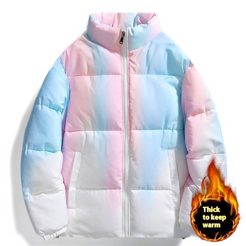 Mode bomulds- og fortykningsdynejakke med tie-dye-gradientfarve