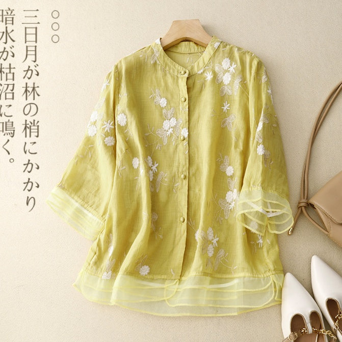 Artistic Retro Heavy Industry Embroidered Cotton And Linen Top