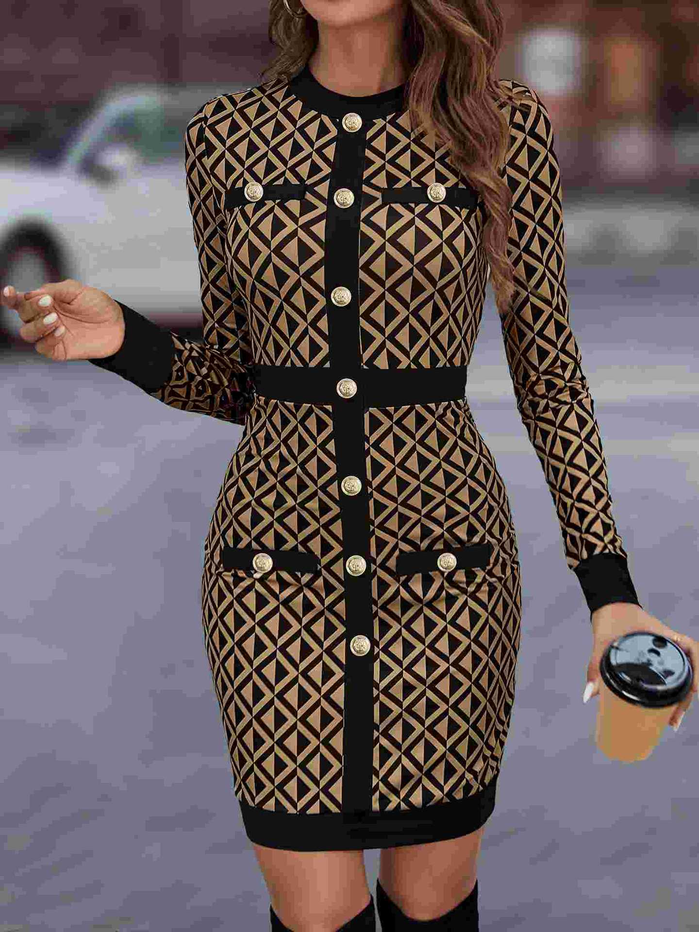 Women's Plaid Round Neck Long Sleeved Knitted Dress