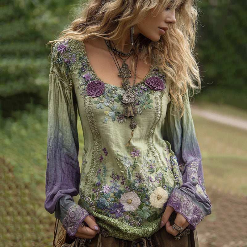 Womens 3D-printed Crew-neck Long-sleeve Retro Bohemian Top
