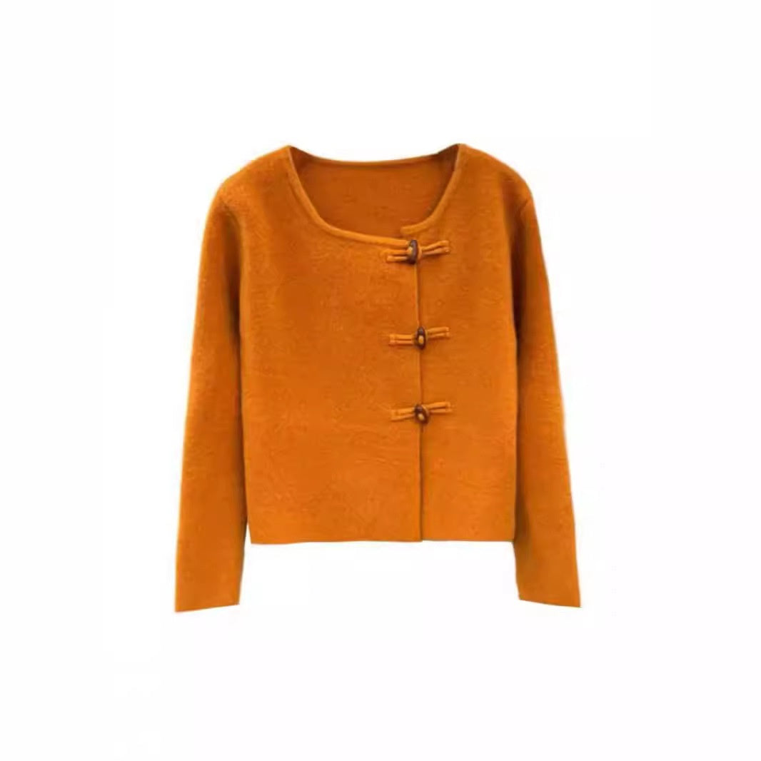 Round Neck Gentle Temperament Horn Button Sweater Coat