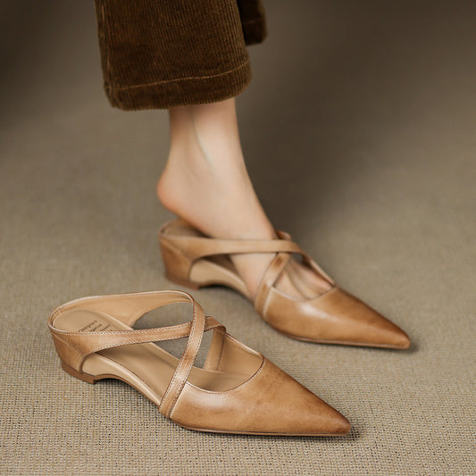 Vintage First Layer Washed Cowhide Pointed-toe Mules Shoes Outer Wear