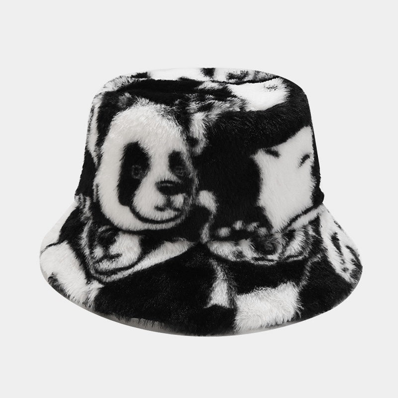 Panda Pattern Plush Female Outdoor Keep Warm Bucket Hat Casual Hat