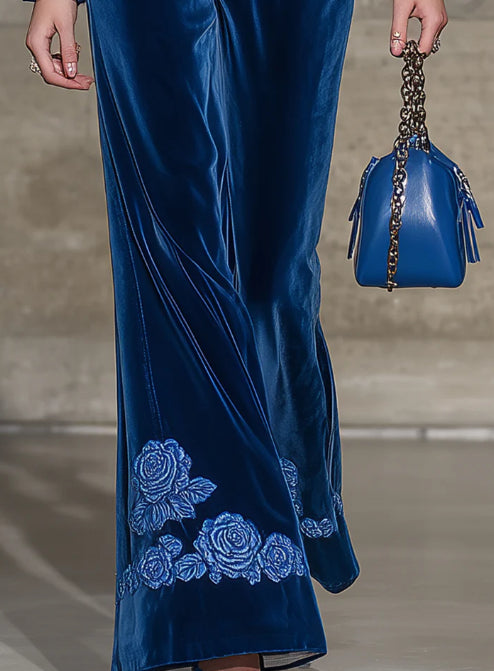 Classic Blue Round Neck Rose Embroidered Top And Flared Pants Set