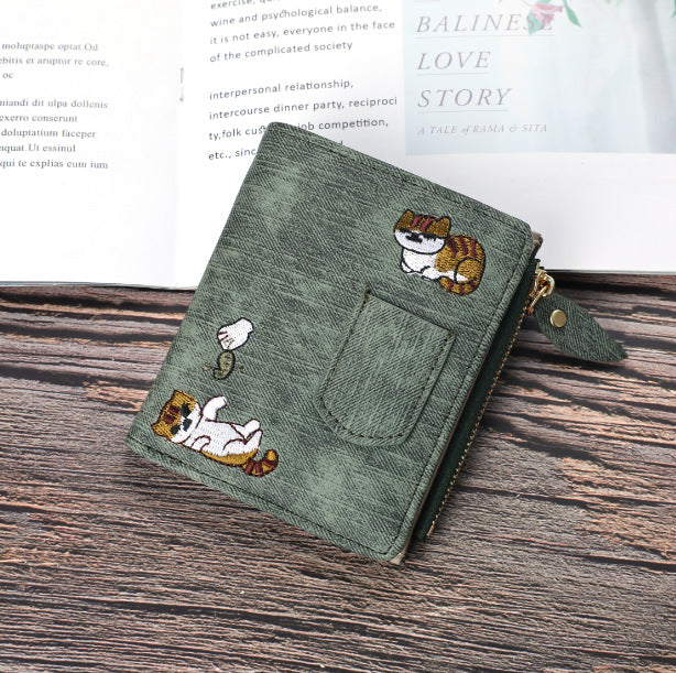 Jeans Style Wallet Cat Embroidered Canvas Large-capacity Wallet