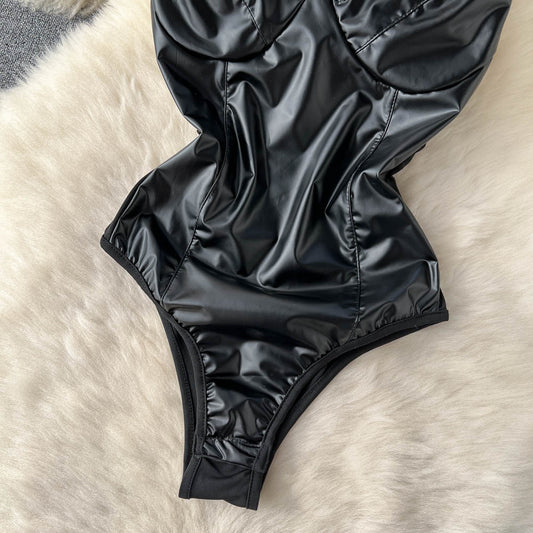 Women's PU Leather Sling V-neck Bra Bodysuit