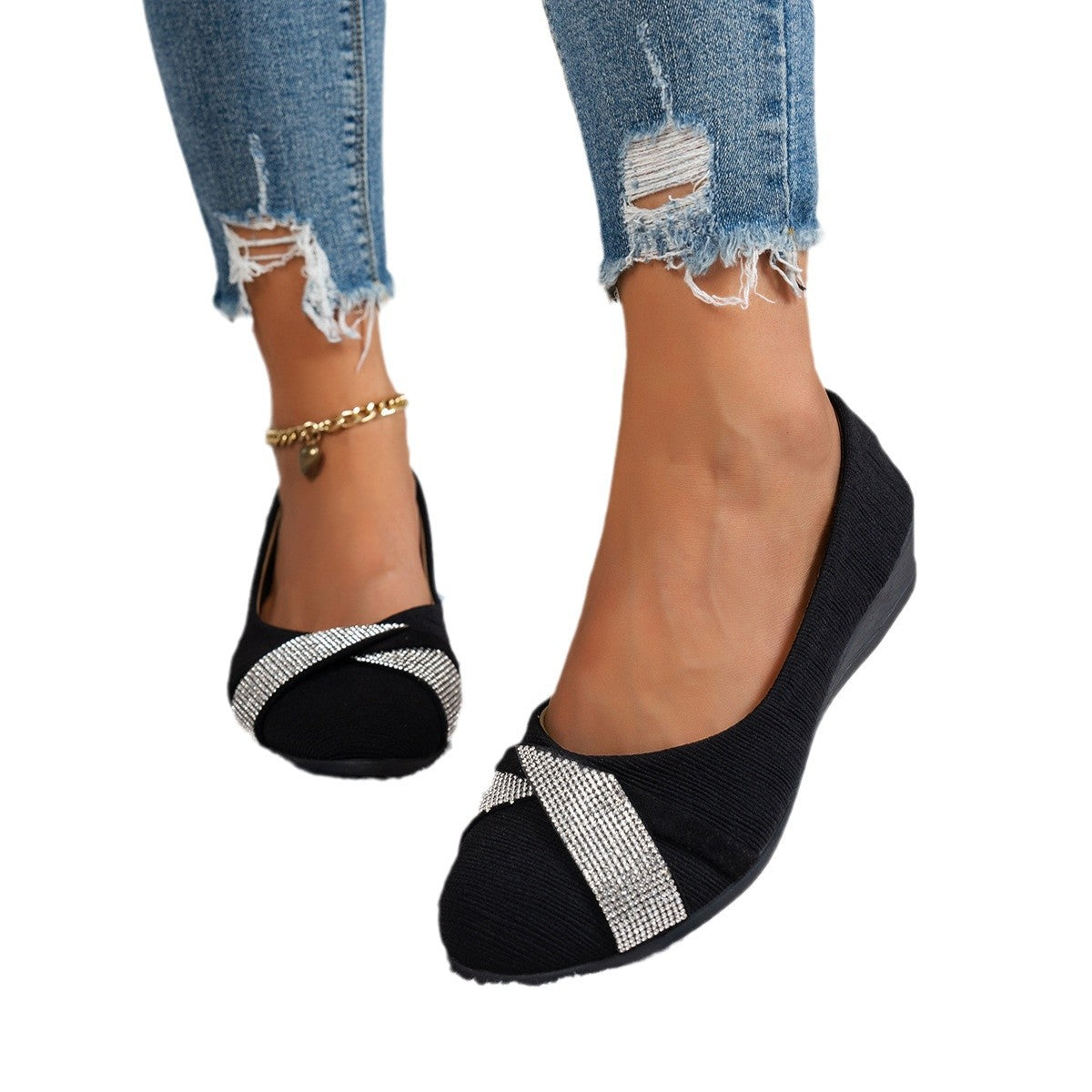 Round Toe Flat Bottom Fashion Rhinestone Low-cut Slip-on Women's Casual Shoes