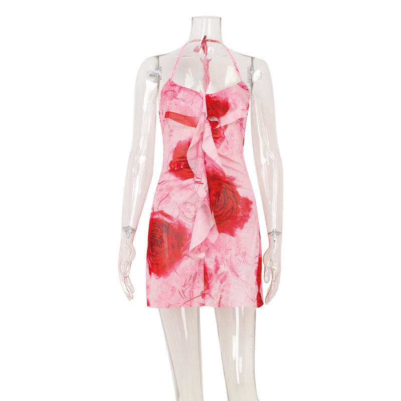 Seaside Vacation Style Womens Mesh Ruffle Fairy-Like High-Waisted A-Line Printed Camisole Skirt