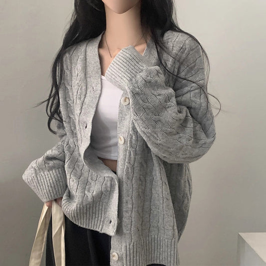 V-neck Single Breasted Hemp Pattern Versatile Loose Long Sleeves Knitted Sweater