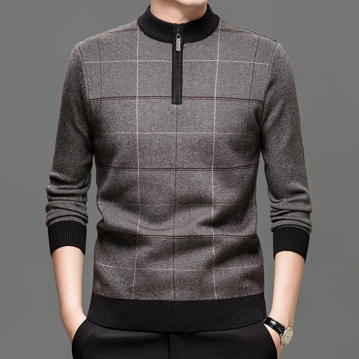 Mens Stylish Plaid Half-zip Knit Sweater