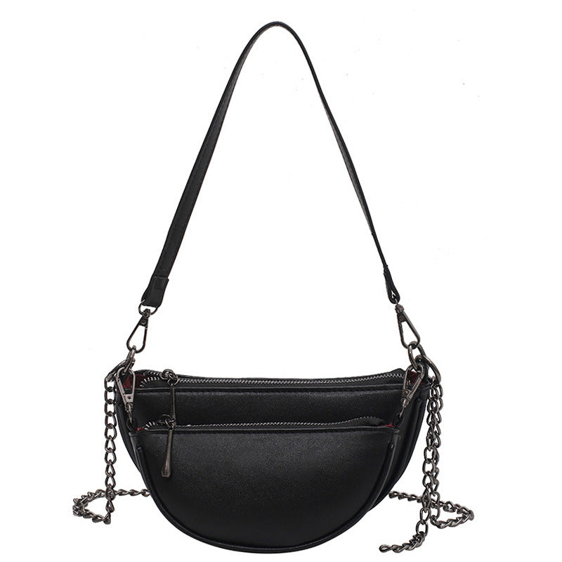 Women's New Retro Half Round Saddle Bag Double Chain