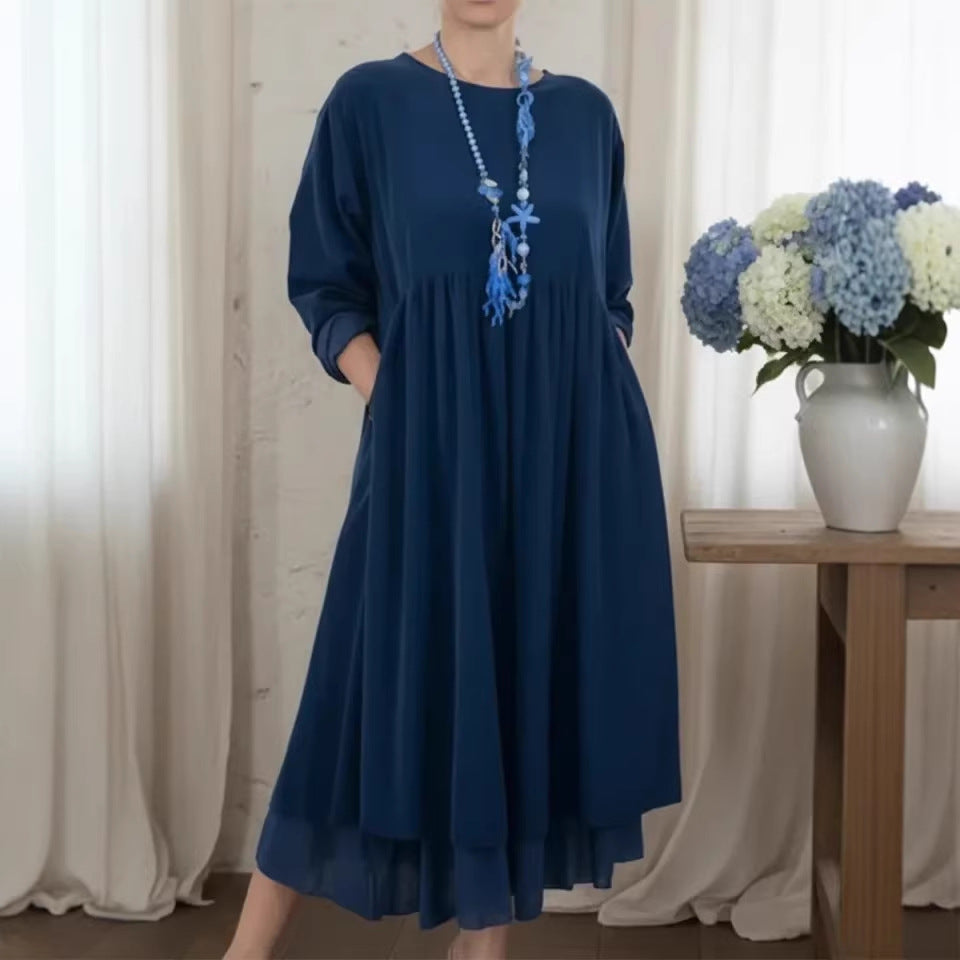 Womens Crew-Neck Double-Layer Patchwork Long-Sleeve Dress