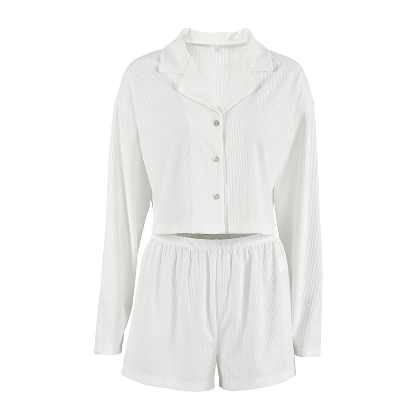 Comfortable Knitted Cardigan And Short-Sleeve Shorts Loungewear Set