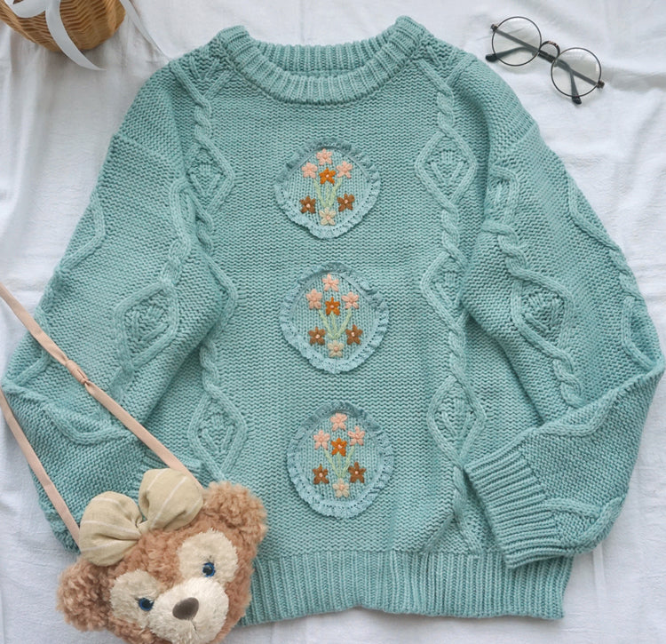 Japanese Vintage Childlike Handmade Small Flower Loose Sweater