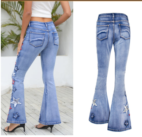 Broderede slim-flared-bukser i vasket denim