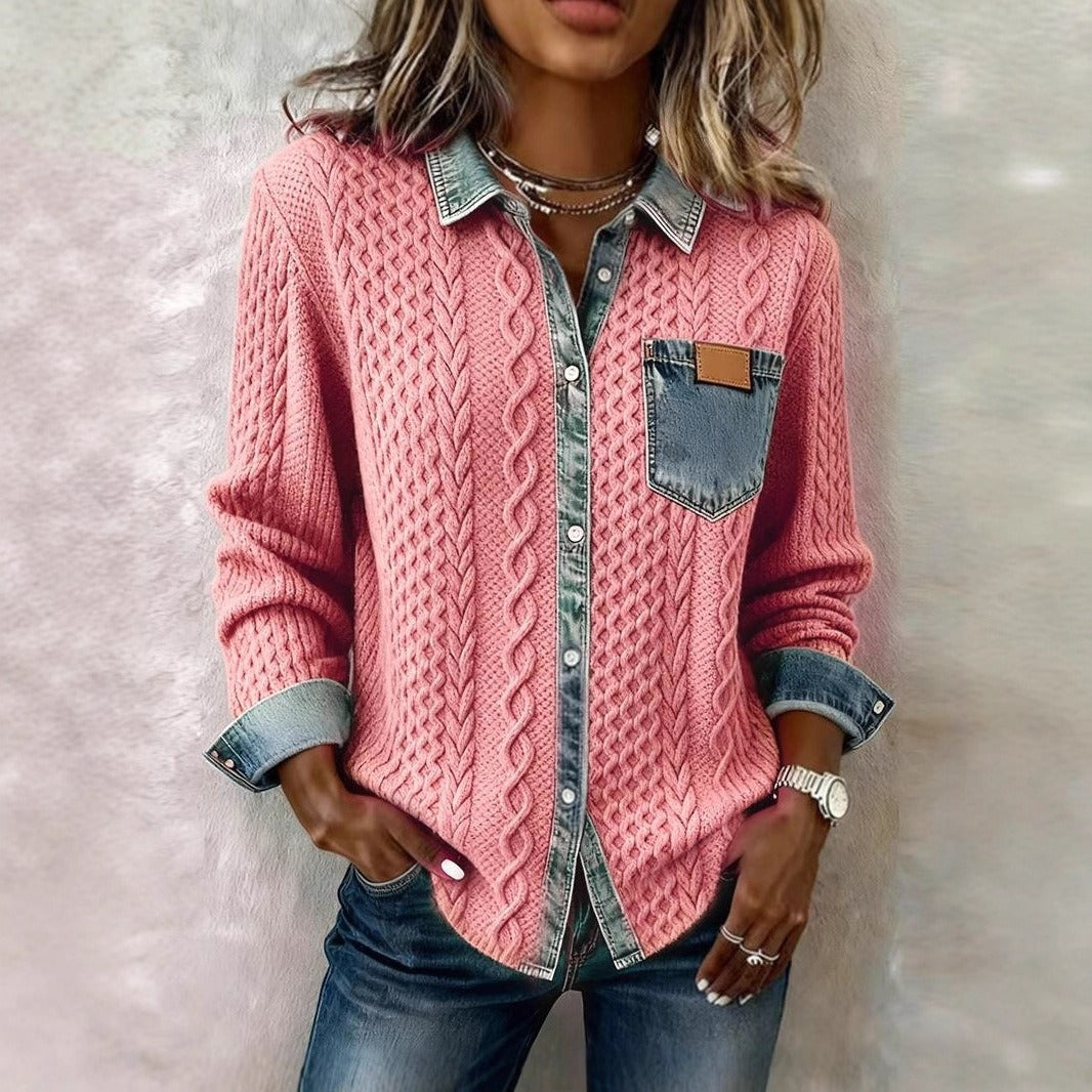 Women's Fashion Knit-and-jean Patchwork Shirt For Fall And Winter
