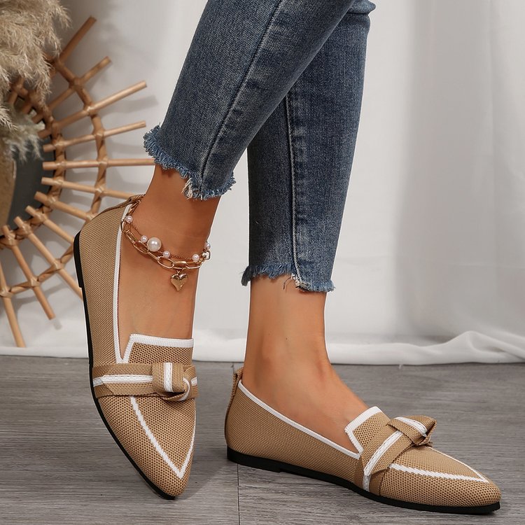 Knitted Mesh Bow-Tie Pointed-Toe Flat Womens Shoes