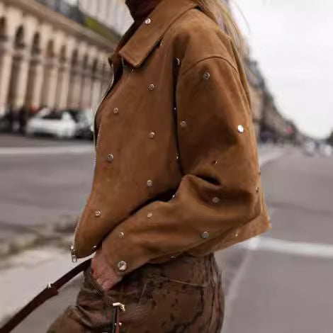 Vintage Brown Lapel Studded Suede Jacket Coat