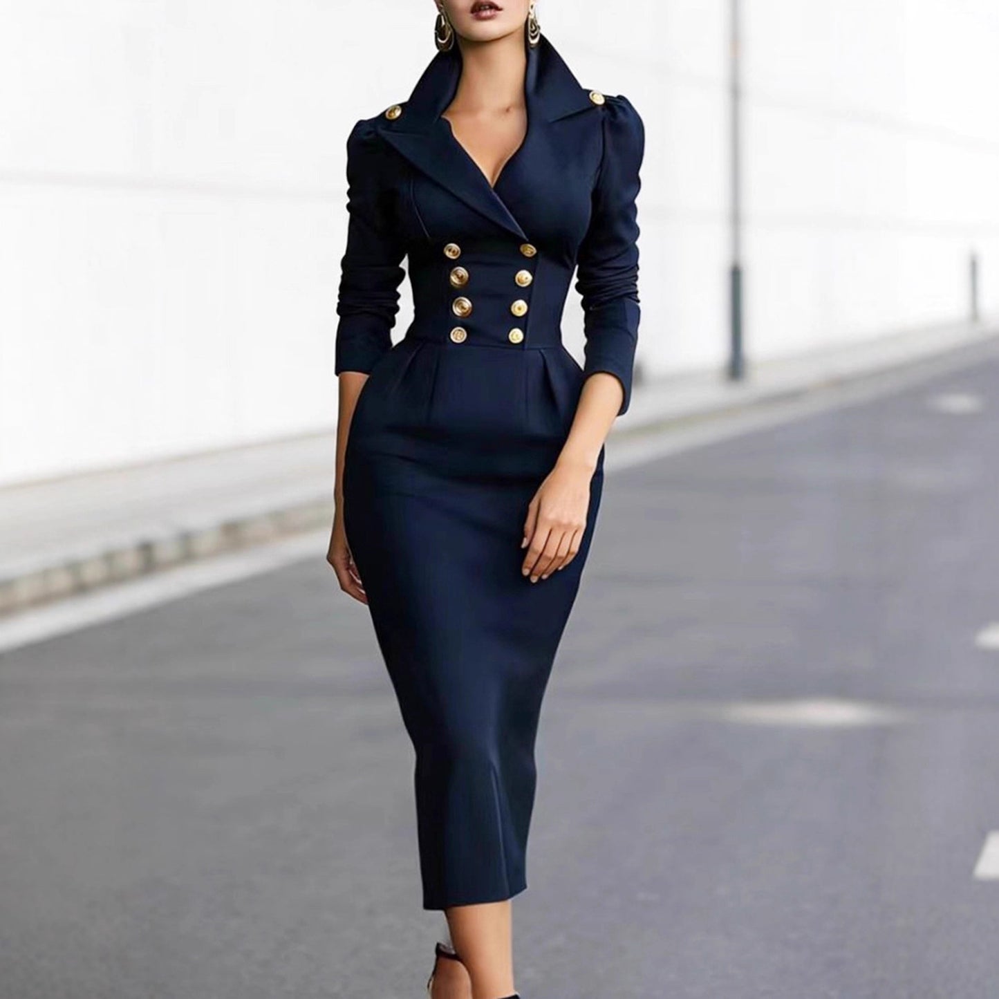 Elegant High-waisted Figure-flattering Dress Long-sleeve Midi Dress For Women