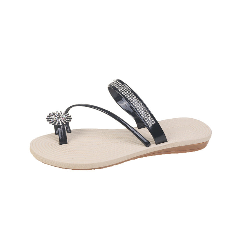 Outerwear Floral Rhinestone Flip-Flops Fairy Style Flat Sandals Two-Way Wear