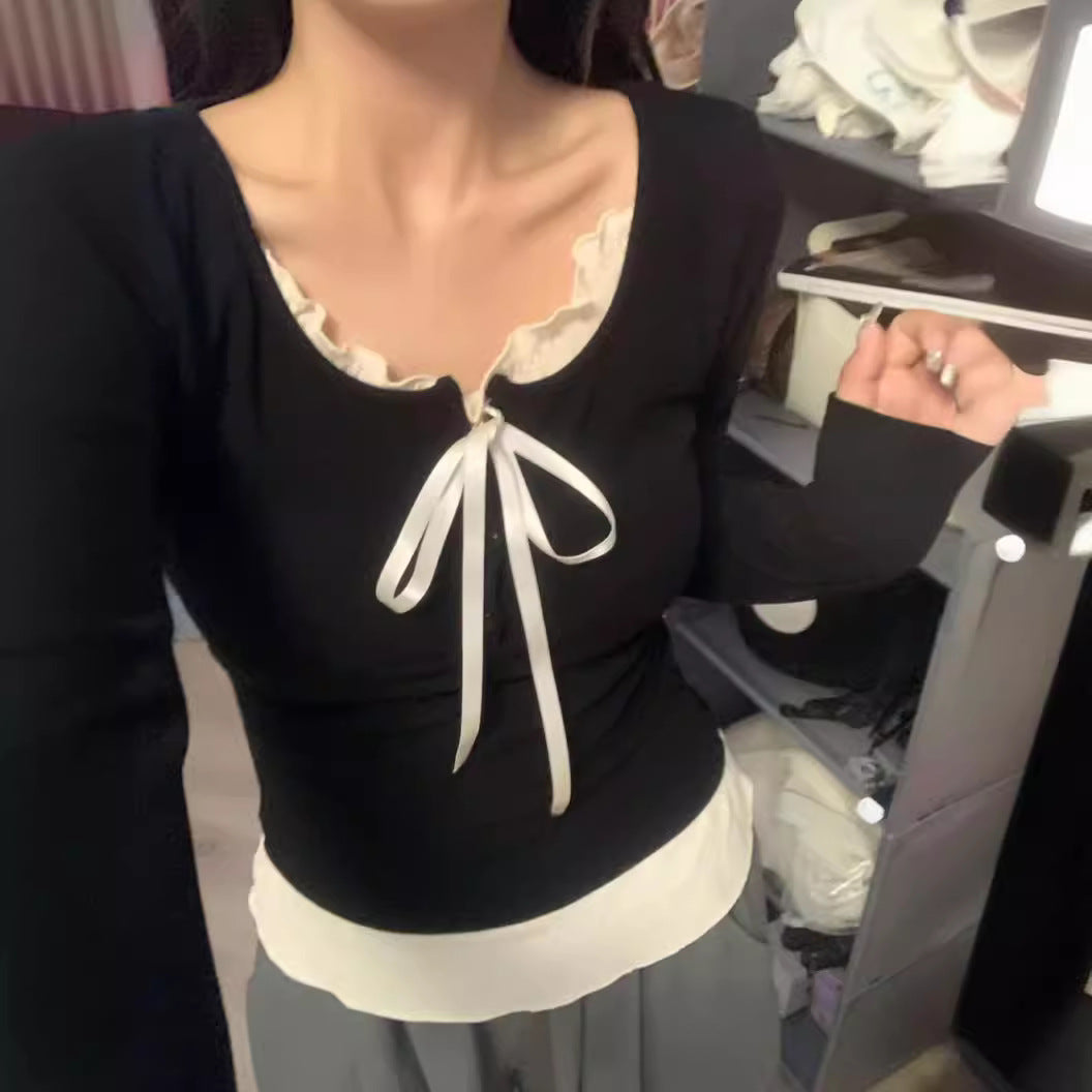 Women's Top With Chest Pad And Wooden Ear Fake Two-piece T-shirts