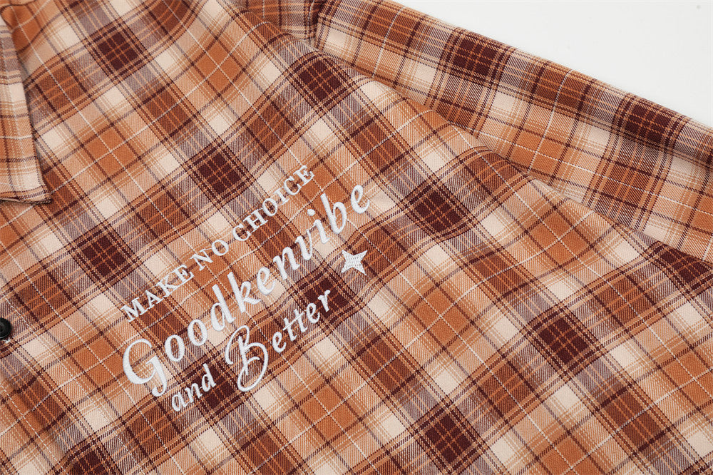 Japanese Retro Plaid Long Sleeve Shirt Men's American Street Fashion
