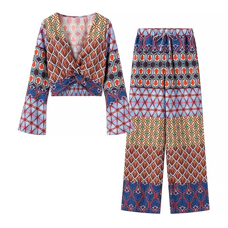 Women's Fashion Knot Print Top Wide-leg Pants