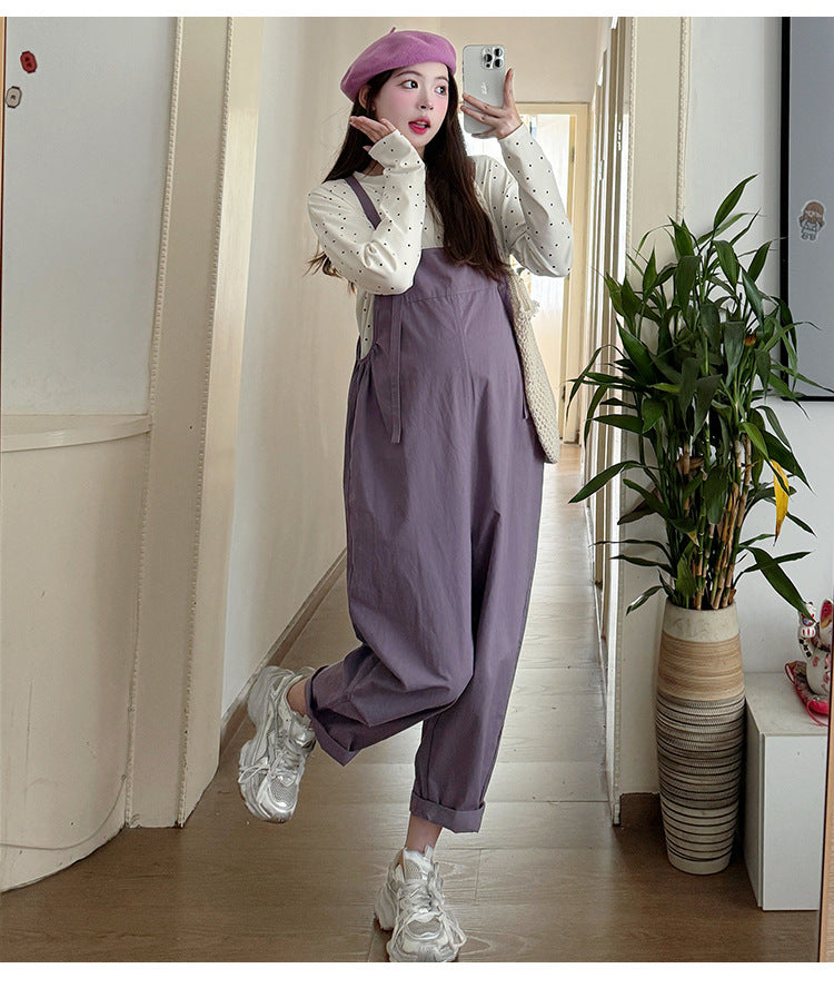 Casual Denim Suspender Pants Polka Dot Top Two-piece Set