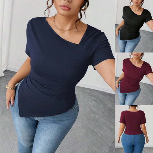 Ny V-hals Moderigtig Løstsiddende Slankende Ensfarvet Kortærmet T-shirt