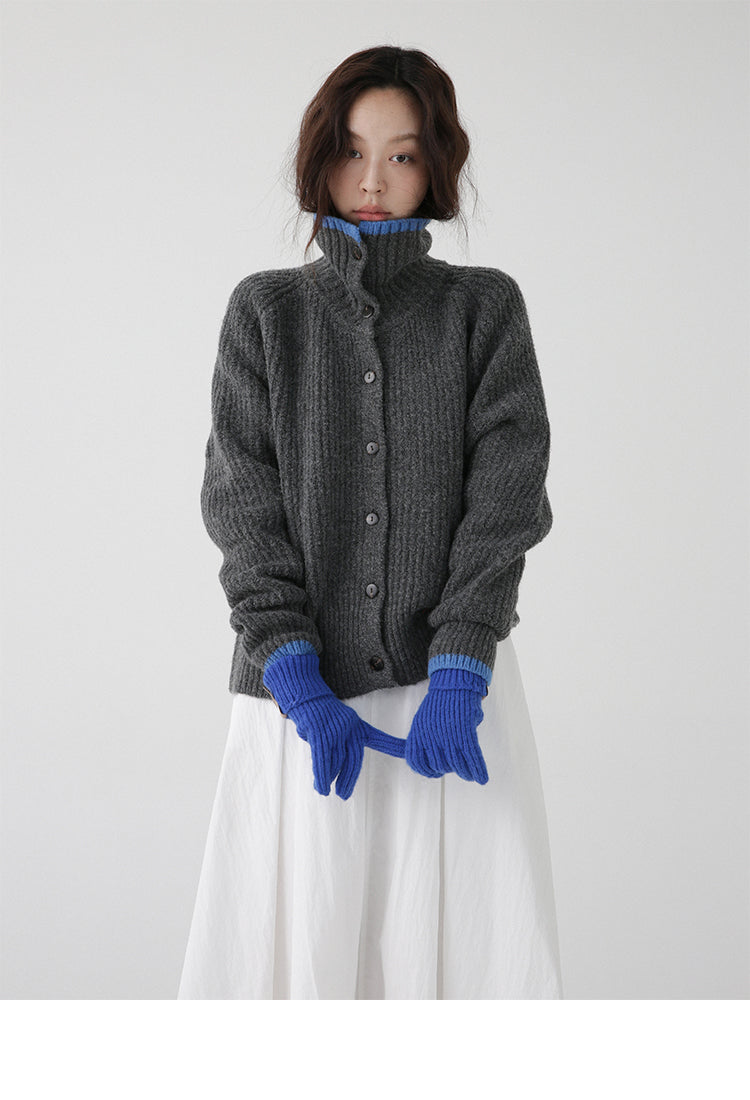Color Blocking Collar Single Breasted Wool Knitted Cardigan Jacket