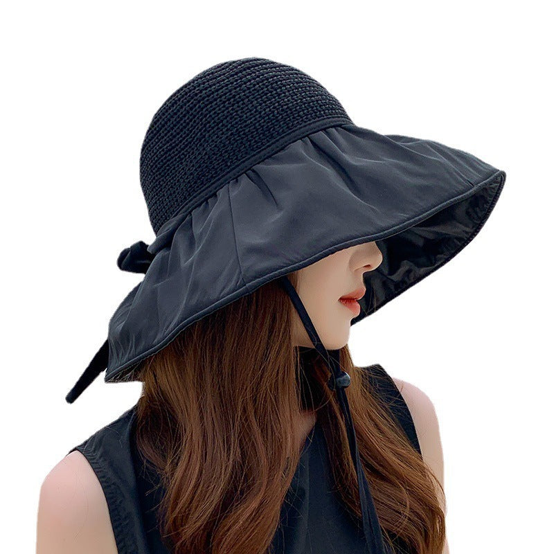 Black Glue Bow Wispy Empty Cycling Big Brim Face Sun Protection Hat