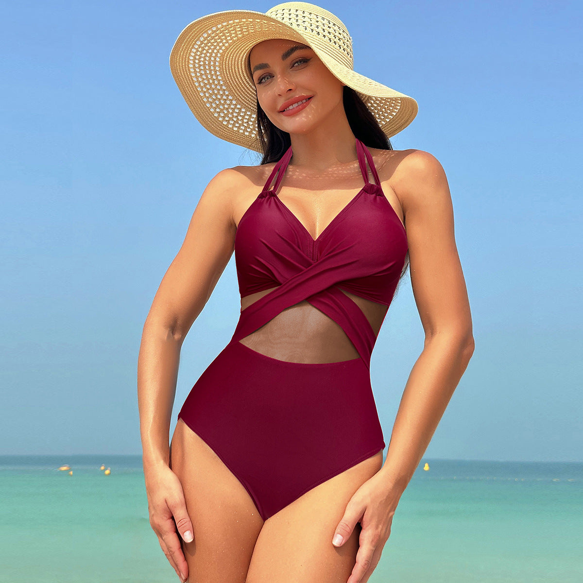 Halter-Neck One-Piece Swimsuit Summer Solid Color Cross-Strap Design Mesh Bikini Beach Vacation Womens Clothing