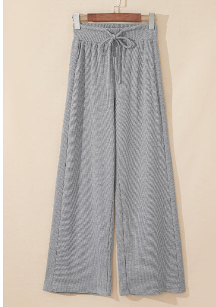 Gray Waffle Knit Drawstring High Waist Wide Leg Pants