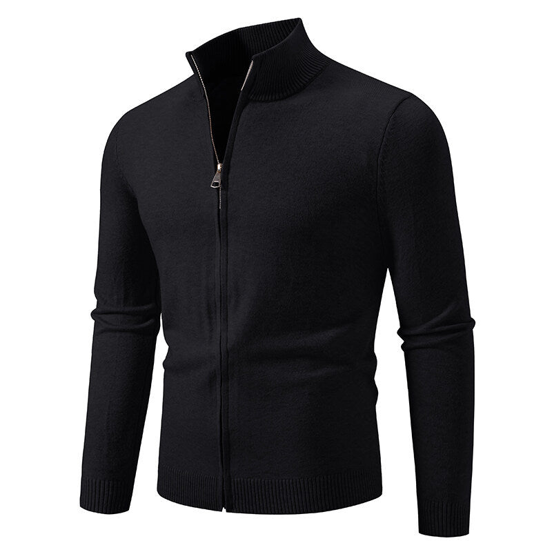 Stand Collar Simple Zipper Solid Color Cardigan Sweater