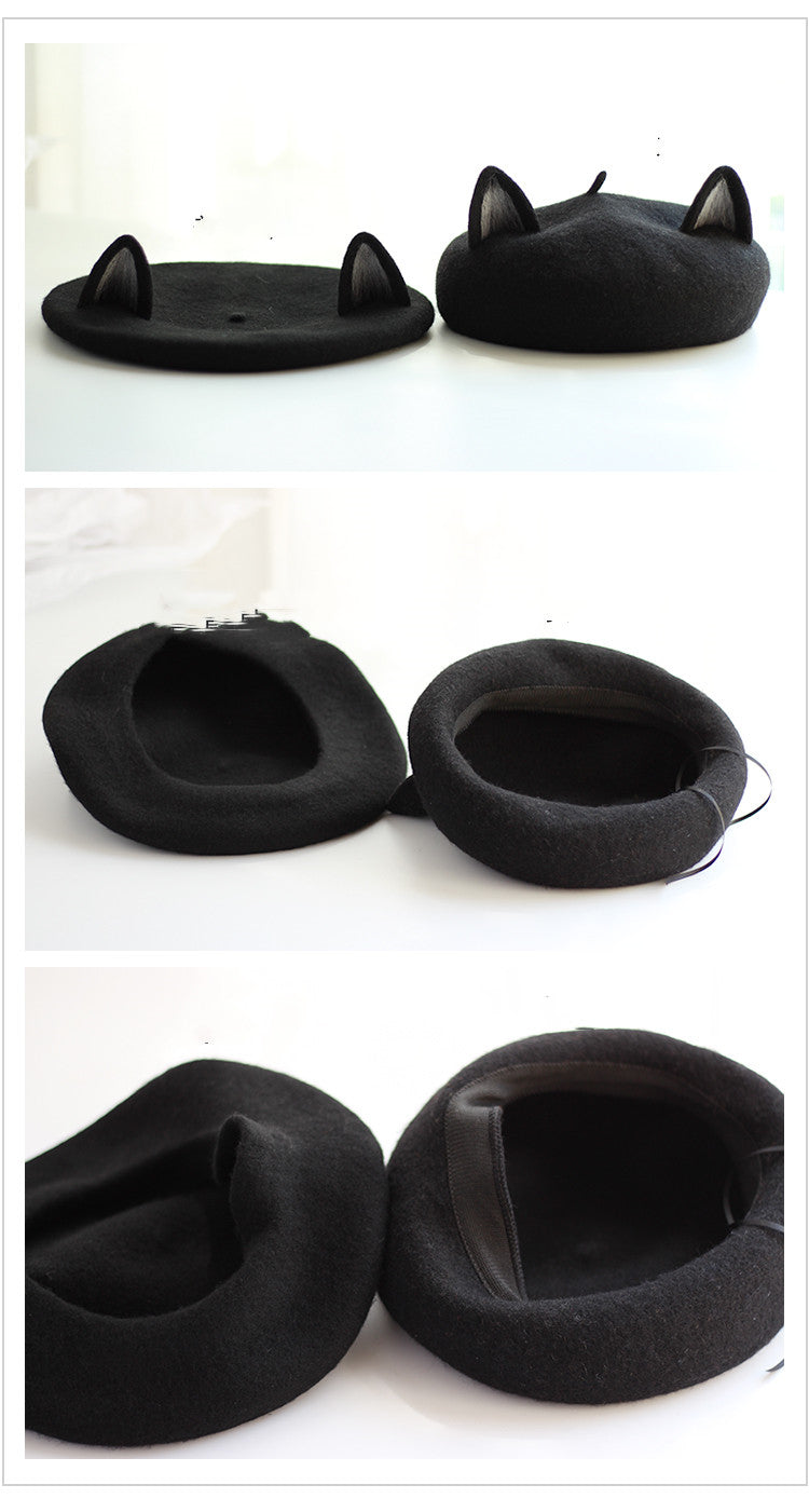 Painter Hat Wool Felt Three-dimensional Cat Ears Beret