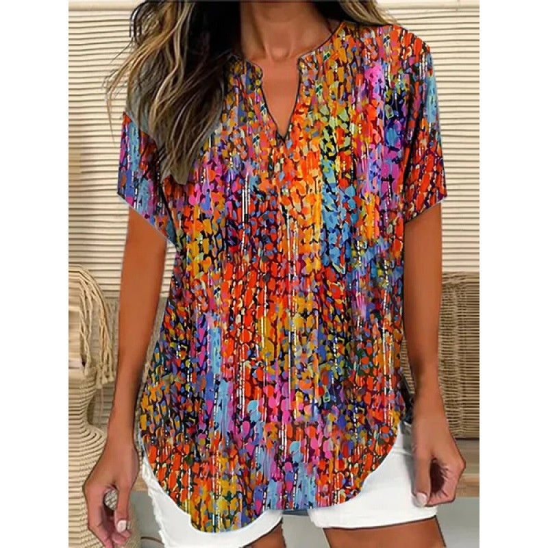 Printed Women's Spring And Summer Loose V-neck Short Sleeve Top 3D