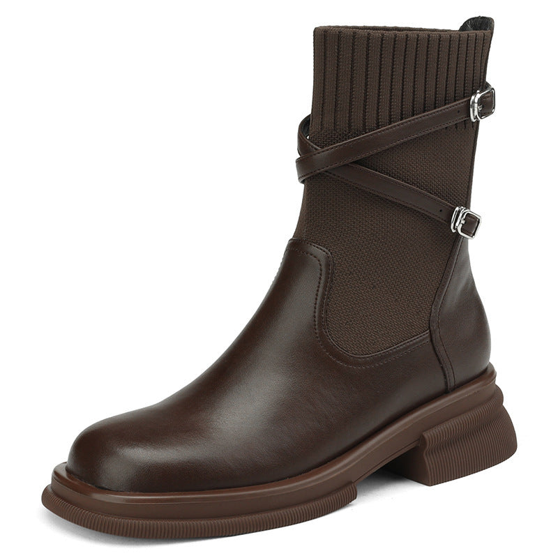 Thick Bottom Chunky Heel Real Soft Leather Round Toe Retro Socks Boots For Women