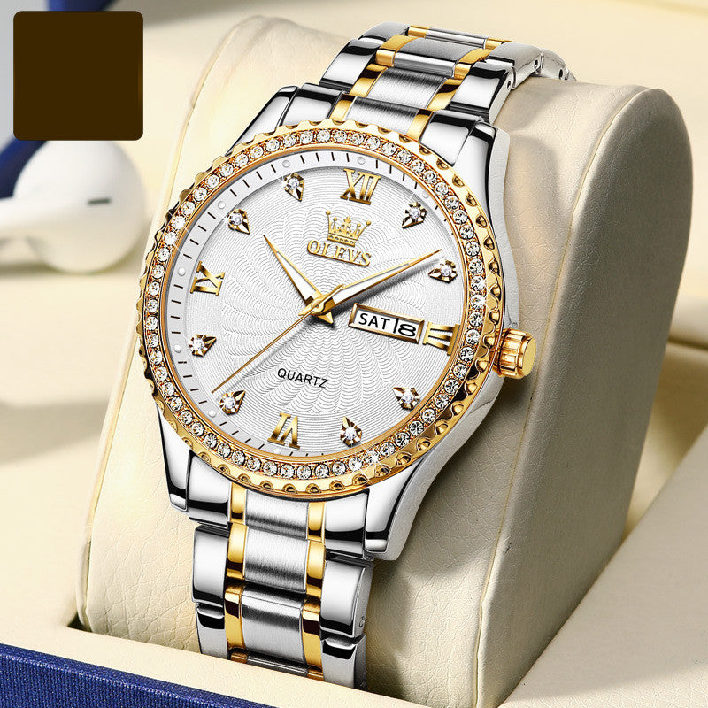 Diamond Set Stainless Steel Business Watch Waterproof Date Day