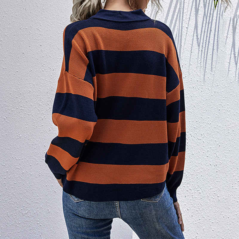 Polo Collar Halloween Top Women's European And American Ladies Long-sleeved Striped Sweater
