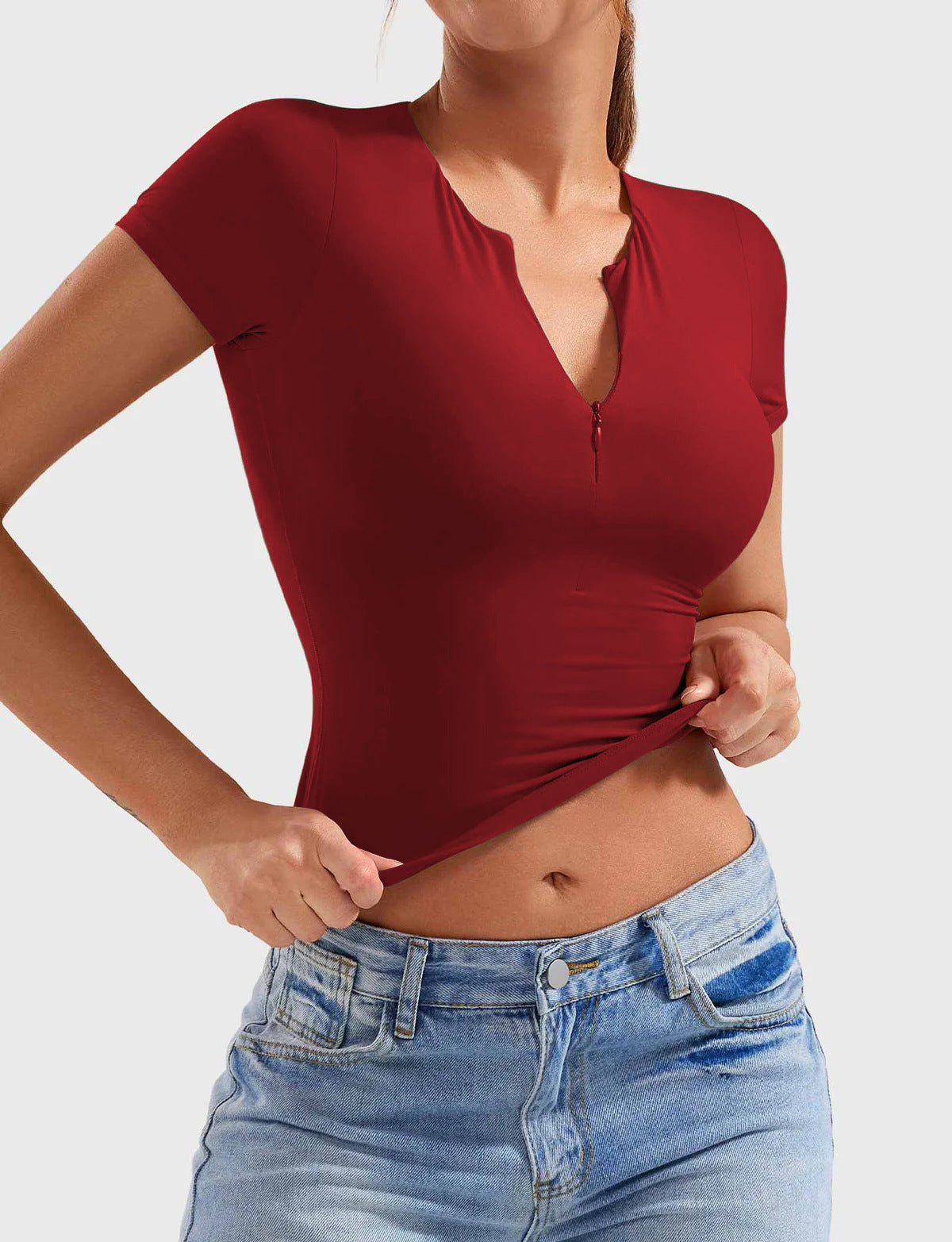 Slim Fit Moderne Yoga Kortærmet Halvlynlås Top