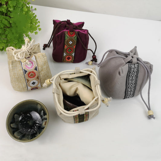 Cotton-linen Tea Set Bag With National Wind-drawn Rope Bundle Mouth